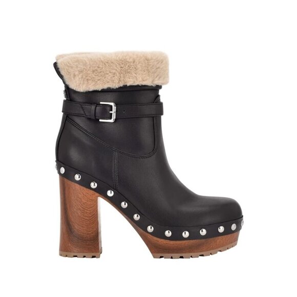 Guess Women’s Leather Booties Faux Fur & Studded Block Heels In Black Size 6.5 - Picture 1 of 7